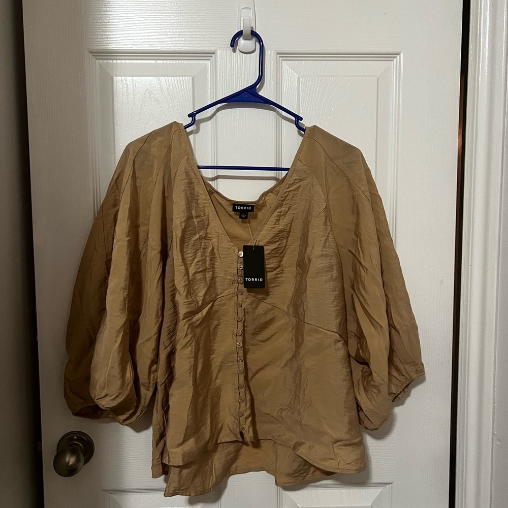 Torrid Brown Ruched 3/4 Sleeve Blouse